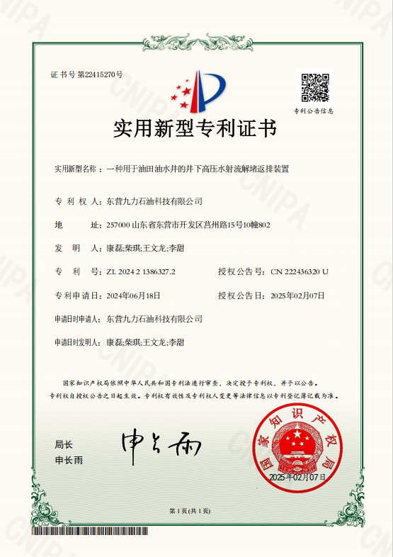 专利技术——井下高压水射流解堵返排装置